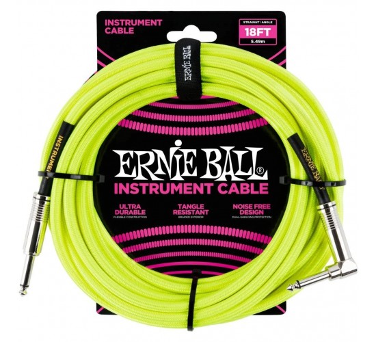 Ernie Ball 6085 кабель инструментальный, оплетёный, 5,49 м, прямой/угловой джеки, жёлтый