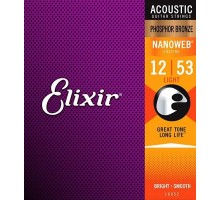 Elixir 16052 NANOWEB Комплект струн для акустической гитары, Light, фосфорная бронза, 12-53
