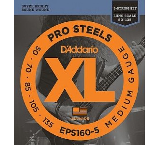 D'Addario EPS160-5 ProSteels Комплект струн для 5-струнной бас-гитары, Medium, 50-135, Long Scale