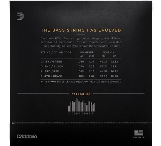 D'Addario NYXL50105 Комплект струн для бас-гитары, Long Scale, Medium, 50-105