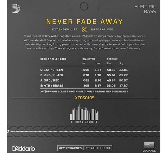 D'Addario XTB50105 Комплект струн для бас-гитары, никелированные, 50-105, с покрытием