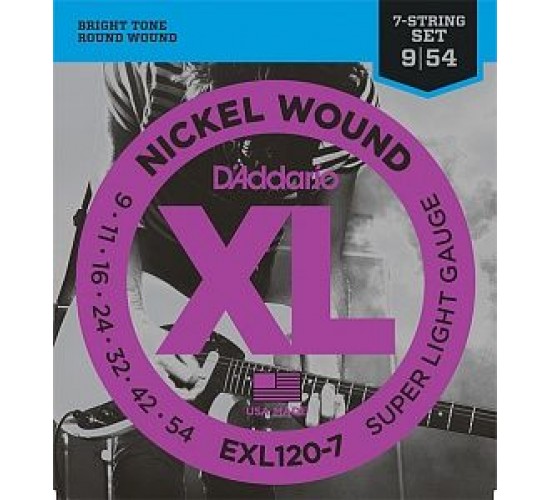 D`Addario EXL120-7 XL NICKEL WOUND Струны для 7-струнной электрогитары Super Light 7-String 9-52 EXL120-7