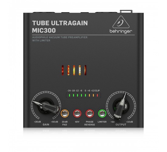 Behringer MIC300 ламповый предусилитель, лампа 12AX7, Pad, встроенный лимитер /+48В