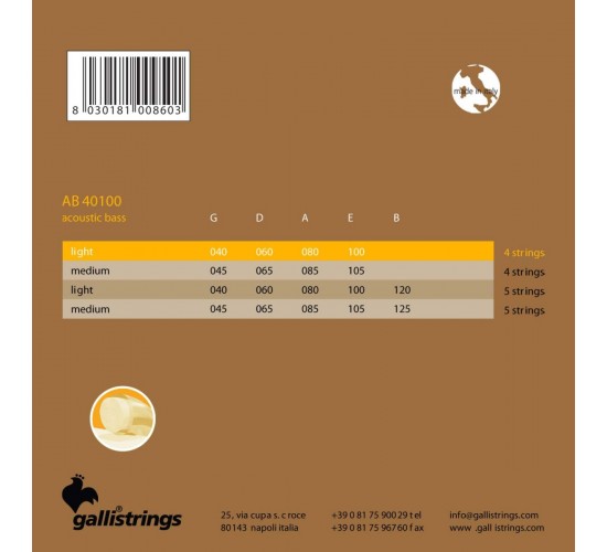 Galli AB40100 Комплект струн для акустической бас-гитары, натяжение LIGHT, 040-100
