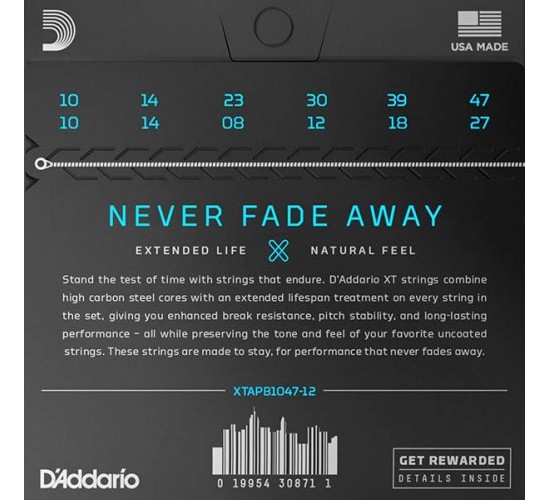 D'Addario XTAPB1047-12 XT Комплект струн для 12-струнной акуст. гитары, ф.бронза,10-47, с покрытием