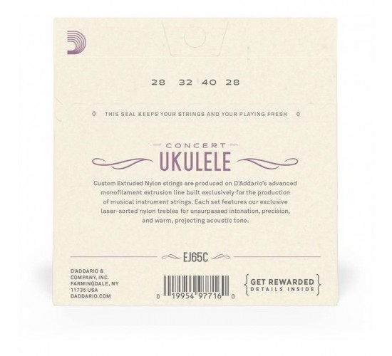 D'Addario EJ65C Комплект струн для концертного укулеле, прозрачный нейлон