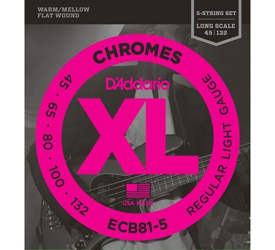 D'Addario ECB81-5 Chromes Комплект струн для 5-струнной бас-гитары, Light, 45-132, Long Scale
