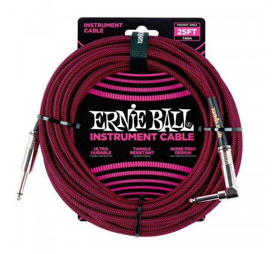 Ernie Ball 6062 кабель инструментальный, прямой / угловой джеки, длина 7,62м, цвет чёрный с красным