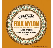 D'Addario EJ34 Folk Nylon Струны для фолк гитары, шарики на концах, 80/20 бронза/черный нейлон