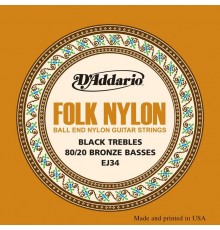 D'Addario EJ34 Folk Nylon Струны для фолк гитары, шарики на концах, 80/20 бронза/черный нейлон