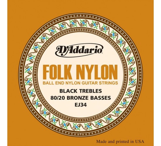 D'Addario EJ34 Folk Nylon Струны для фолк гитары, шарики на концах, 80/20 бронза/черный нейлон