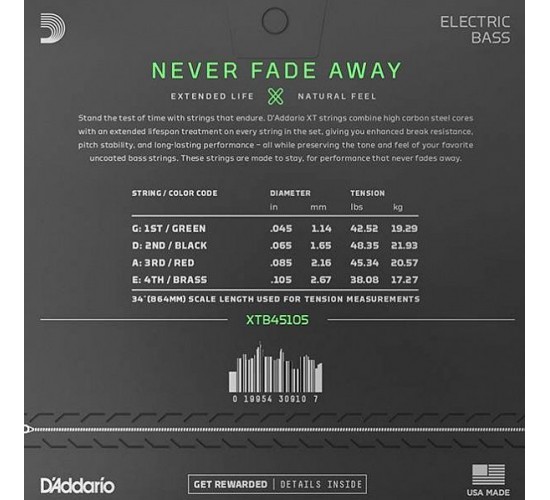 D'Addario XTB45105 комплект струн для бас-гитары, никелированные, 45-105, с покрытием