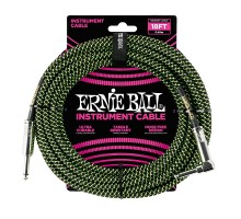 Ernie Ball 6082 кабель инструментальный, оплетёный, 5,49 м, прямой/угловой джеки, чёрно-зелёный
