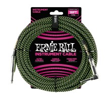 Ernie Ball 6082 кабель инструментальный, оплетёный, 5,49 м, прямой/угловой джеки, чёрно-зелёный