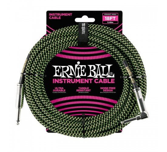 Ernie Ball 6082 кабель инструментальный, оплетёный, 5,49 м, прямой/угловой джеки, чёрно-зелёный
