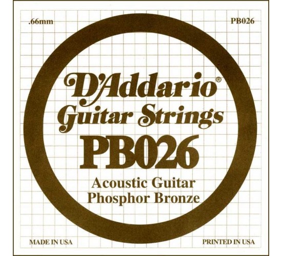 D'Addario PB026 Phosphor Bronze Отдельная струна для акустической гитары, фосфорная бронза, .026