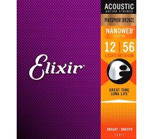 Elixir 16077 NANOWEB Комплект струн для акустической гитары, Light-Medium, фосфорная бронза, 12-56