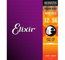 Elixir 16077 NANOWEB Комплект струн для акустической гитары, Light-Medium, фосфорная бронза, 12-56