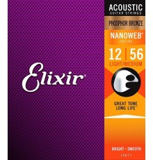 Elixir 16077 NANOWEB Комплект струн для акустической гитары, Light-Medium, фосфорная бронза, 12-56