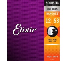 Elixir 11052 NANOWEB Комплект струн для акустической гитары, Light, бронза 80/20, 12-53