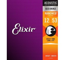 Elixir 11052 NANOWEB Комплект струн для акустической гитары, Light, бронза 80/20, 12-53