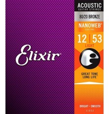 Elixir 11052 NANOWEB Комплект струн для акустической гитары, Light, бронза 80/20, 12-53