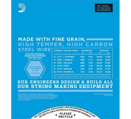 D'Addario EXL165-6 XL NICKEL WOUND Струны для 6-струнной бас-гитары 6-string Long RLTMB 32-135