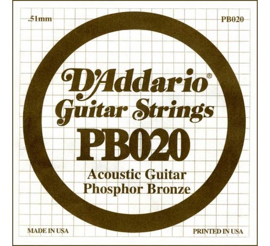 D'Addario PB020 Phosphor Bronze Отдельная струна для акустической гитары, фосфорная бронза, .020