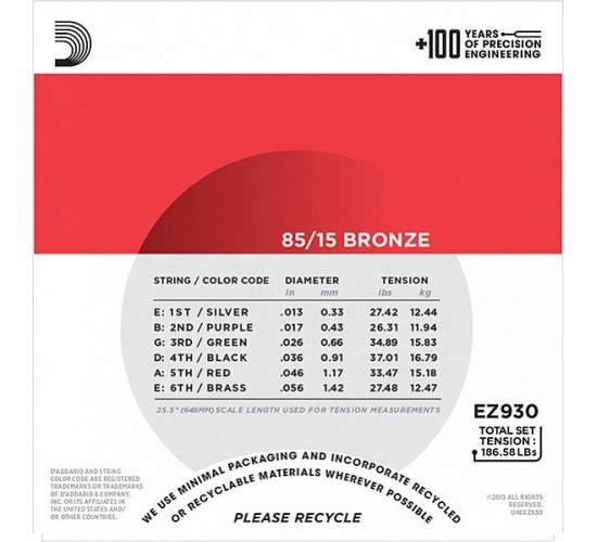 D'Addario EZ930 AMERICAN BRONZE 85/15 Струны для акустической гитары Medium 13-56