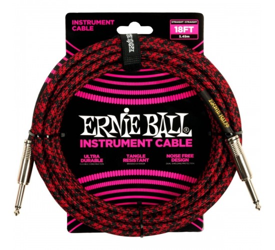Ernie Ball 6396 кабель инструментальный, оплетёный, 5,49 м, прямой/угловой джеки, красный/черный