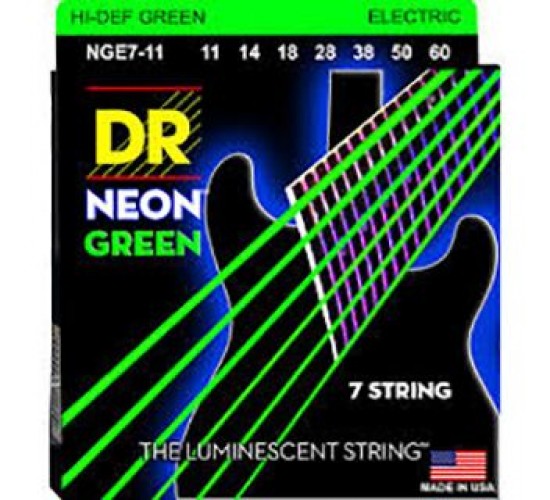 DR NGE7-11 Neon Green комплект струн для 7-струнной электрогитары, никелированные, с покр., 11-60